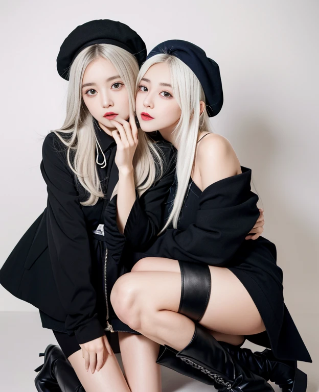 tmasterpiece, Best quality at best, ahoge, Hair over the shoulder, long white hair, blush of nose, Gothic_Lolita, beret, hand_To_Mouth,thigh boots,Absolute realm,upper legs,thigh boots,full bodyesbian,Correct legs