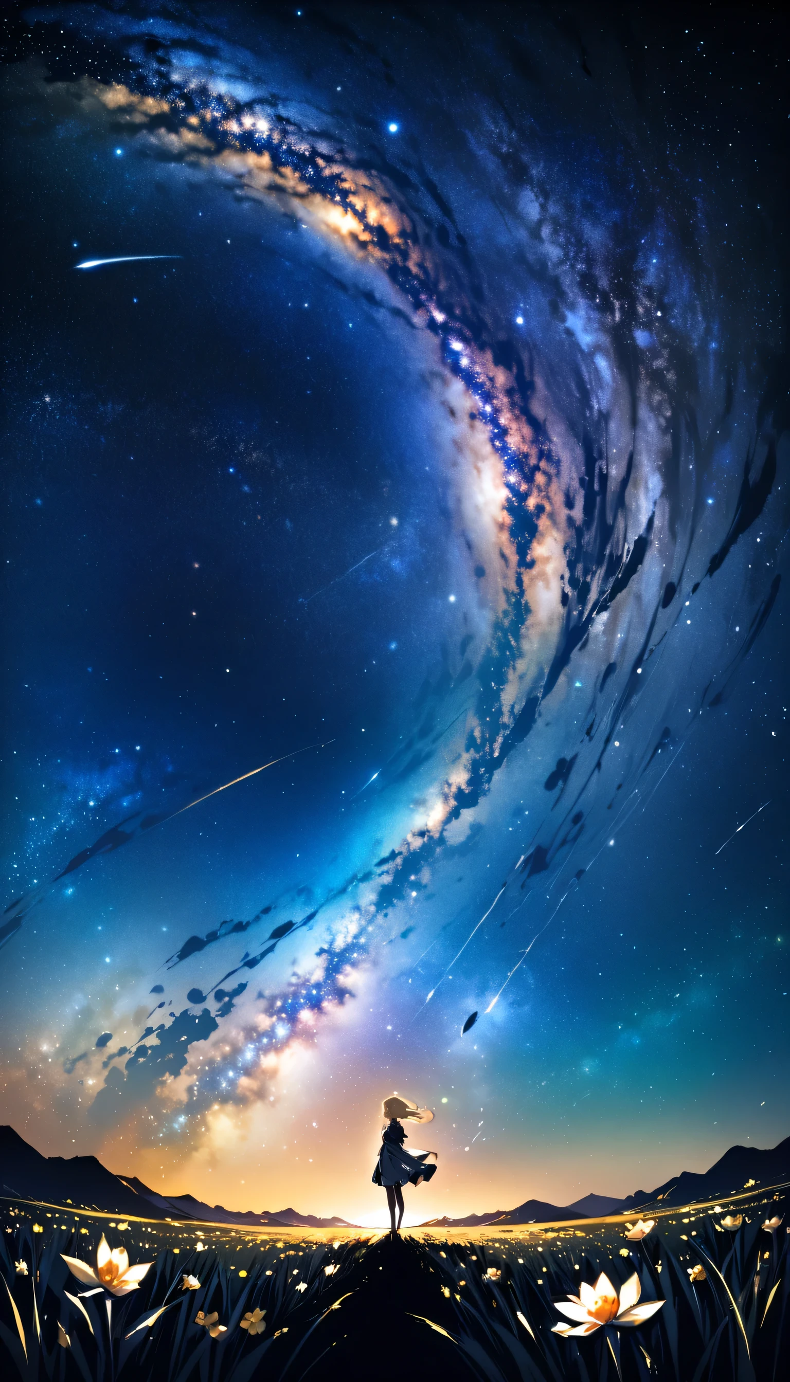 (highest quality、masterpiece)、One girl、Full Body Shot、Pause、particle、Wind、flower、blonde、Milky Way、5mStanding ahead、