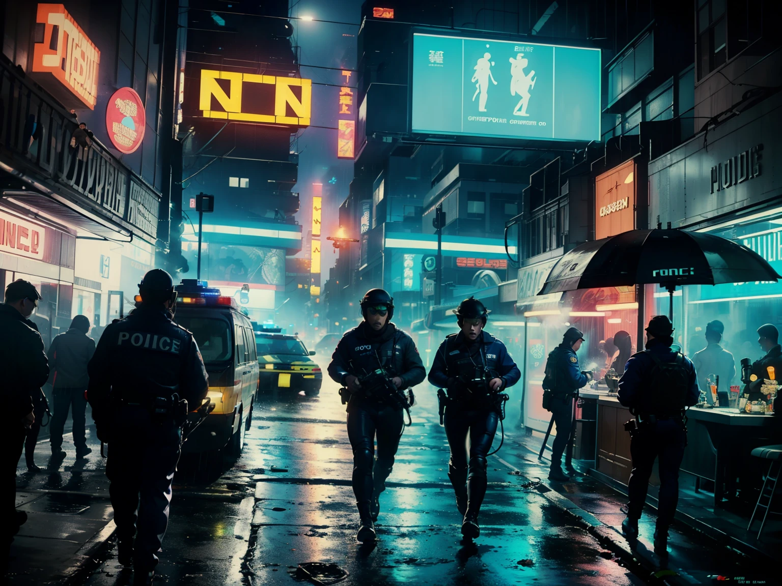 ((highest quality)), ((masterpiece)), (be familiar with), (High definition), (Accurate), (Realistic), (Cinematic), (Best Shadow), (Low contrast), (8K), Perfect Face, ((SYD MEAD style)), manga、mangaデザイン、Storyboard、Frame division、(Two police officers from the Metropolitan Police Department)、((A middle-aged inspector and a young constable))、((The police are chasing:1.3))、(A small tracking drone is released:1.2)、(Glittering neon signs)、congestion, congestion, Decadent Future City, NEO TOKYO, A.D.2051, (steam:1.2), It's raining white, evening,