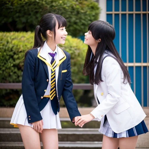 Two Japanese junior high school girls in revealing clothes kissing