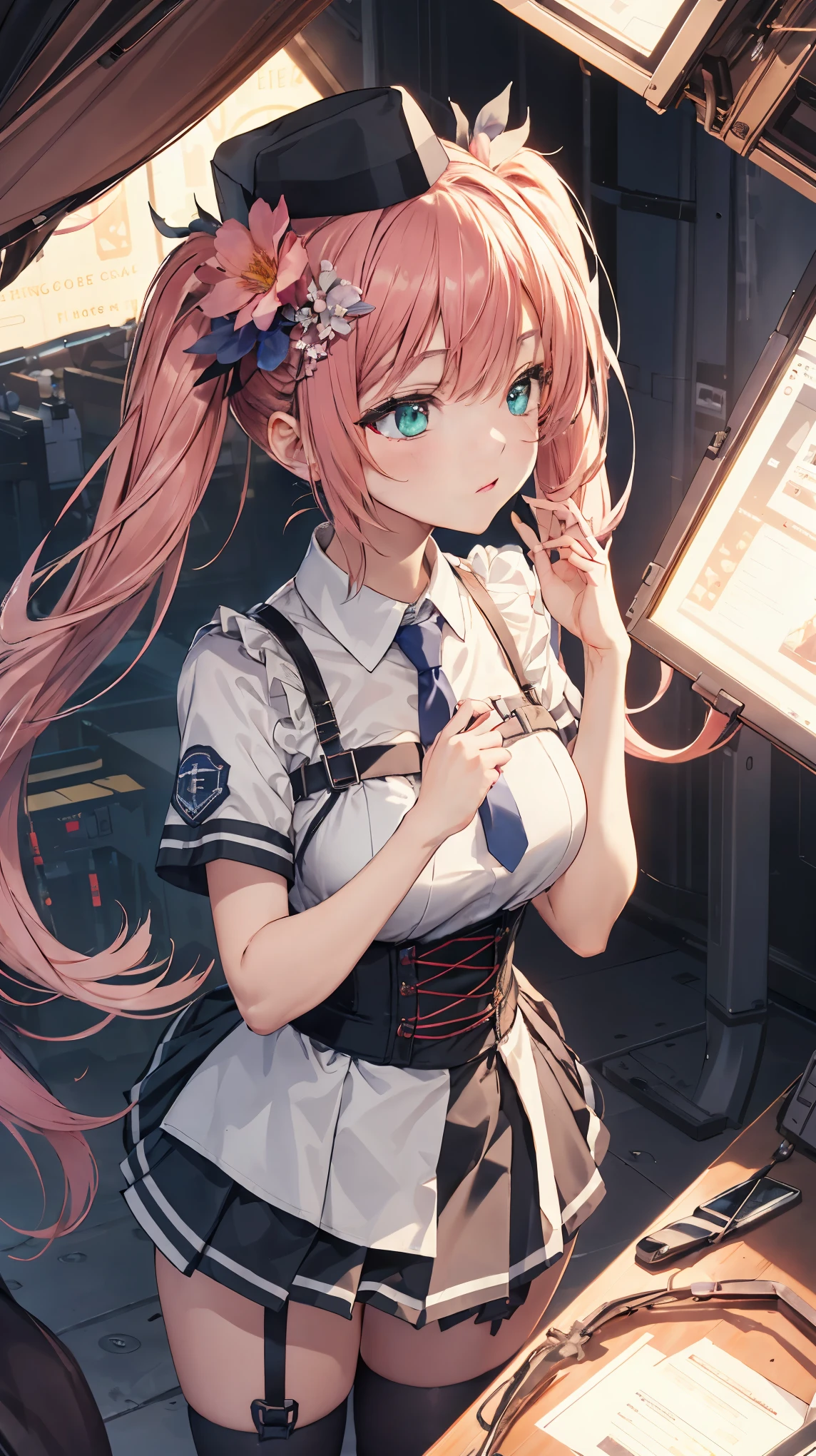 quiry, twintails, hat, hair ornament, hair flower, necktie, white shirt, short sleeves, skirt, garter straps, white thighhighs,masterpiece,Noise Reduction,perfect anatomy,high resolution, ultra-detailed,game cg,dutch angle ,beautiful detailed eyes,visualart,five fingers, perfect hands, perfect lighting,