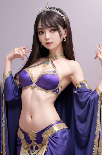 best quality, detailed, beautiful, insanely detailed, absurdres,perfect anatomy, Japanese woman,black hair,27 years old, (slender), (small breasts),
a woman in a purple dress is posing for a picture, jeweled costume, beautiful costume, costume with blue accents, fantasy dress, fantasy outfit, exotic costumes, she is dressed as a belly dancer, celebration costume, belly dancing, arabian princess, intricate outfit, purple body, elaborate costume, intricate fantasy dress, full dress, tai costume, costume desig, intricate dress