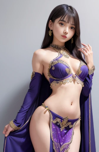 best quality, detailed, beautiful, insanely detailed, absurdres,perfect anatomy, Japanese woman,black hair,27 years old, (slender), (small breasts),
a woman in a purple dress is posing for a picture, jeweled costume, beautiful costume, costume with blue accents, fantasy dress, fantasy outfit, exotic costumes, she is dressed as a belly dancer, celebration costume, belly dancing, arabian princess, intricate outfit, purple body, elaborate costume, intricate fantasy dress, full dress, tai costume, costume desig, intricate dress