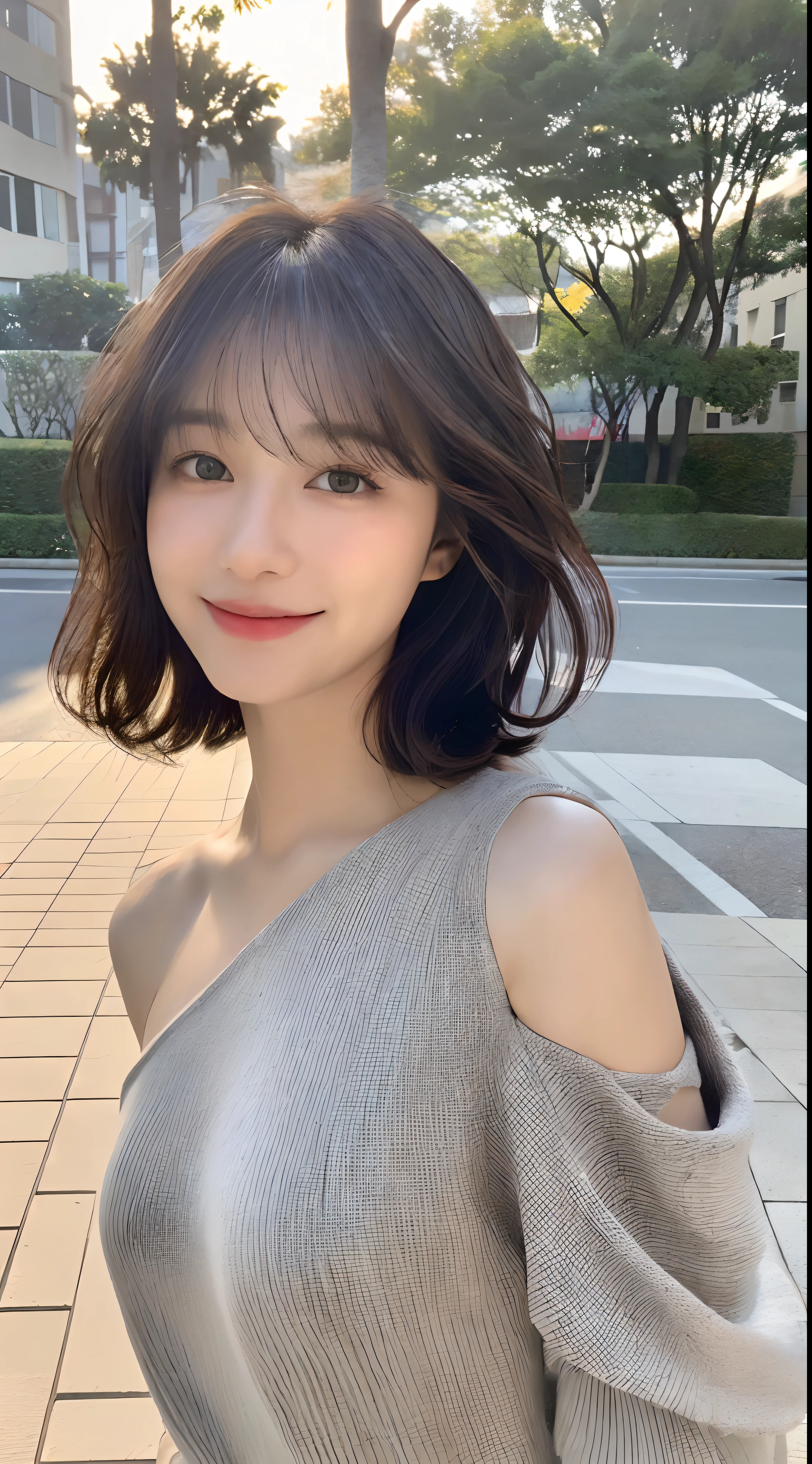(8k、Top quality、masterpiece:1.2)、(Realist、Reality:1.9)、(a smile:0.2)、Medium breasts、Beautifully detailed eyes、(Elf short hair、(solo:1.8)、(Looking at the audience:1.3)、Hair on wet hair、Smiling on the quiet street in the park、((Short Bob Black Hair)、The hair ends at the shoulders and bounces back in a U shape、loose curls,、Light bangs、I have bangs、Beautiful brunette woman in her 20s。There are such lovely people in the world.、Exquisite atmosphere。Walk on the white sidewalks