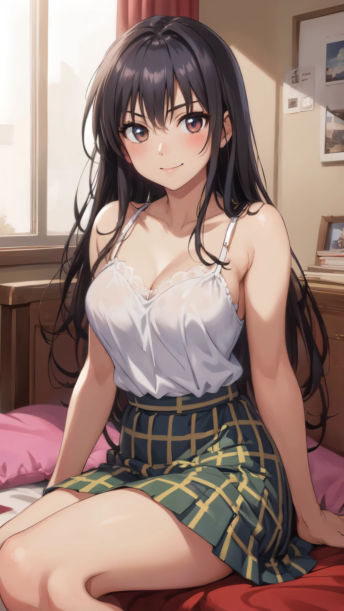 (masterpiece,Best image quality,highest quality:1.3),(8k:1.4), defYui,blush,Smile,************,(thin:1.3),(White lace camisole), Checked mini skirt, Big Breasts, Bright colors,(indoor, Bedroom;1.3), blue sky, Sitting on the bed,Embarrassing, Looking at the audience, Cowboy Shot, Tilt your head