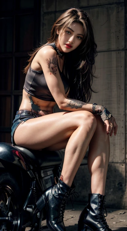 best quality, HDR, UHD, 8K, Vivid Colors, solo, front view, (photo_(medium)), (looking at viewer:1.2), (1girl:1.3), (outside:1.5), (sitting:1.5), furniture, bright light, <lora:add_detail:1>, wearing a red bikini, black jacket, yellow hat, back view pov, (looking at viewer, a heart shaped tattoo on butts:1)