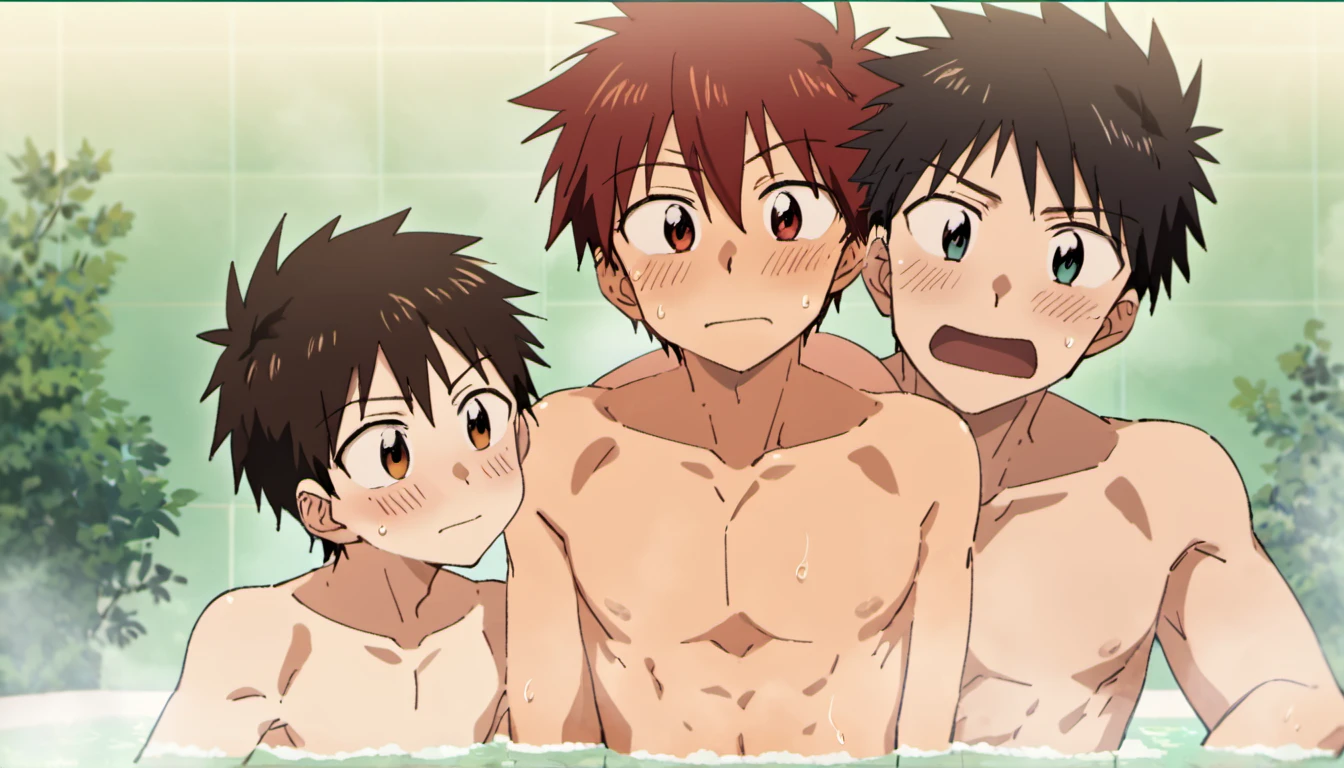 Three boys, 2  brothers liking high school older brother, whole body, masterpiece, Correct human body, age difference、Have fun conversations, Tenma Hikaru and Morisawa Chiaki, A rich expression、Short Hair、brothers, focus on Three boys, Anime screenshots, The theme is soaking in hot water in a big bath at home., relax, Bathroom at home, Everyday scenes, Perfect body, Naked Boys, Browsing Caution, Yaoi, Giving my brother a back hug in the bath