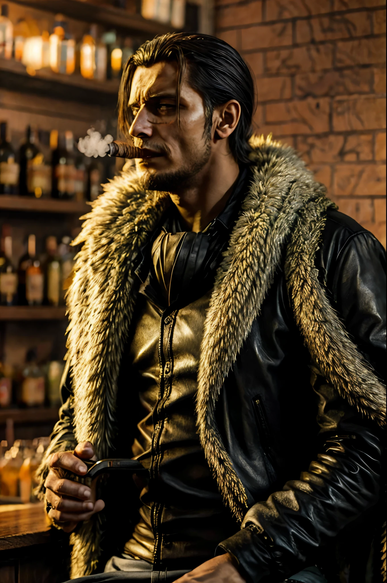 masterpiece, best quality, extremely detailed, hyperrealistic, photorealistic, a cool 40s man, ultra detailed face:1.2, fur-trimmed coat, scarf around the neck, his left hand is a golden pirate hook:1.1, cigar, smoking, at bar