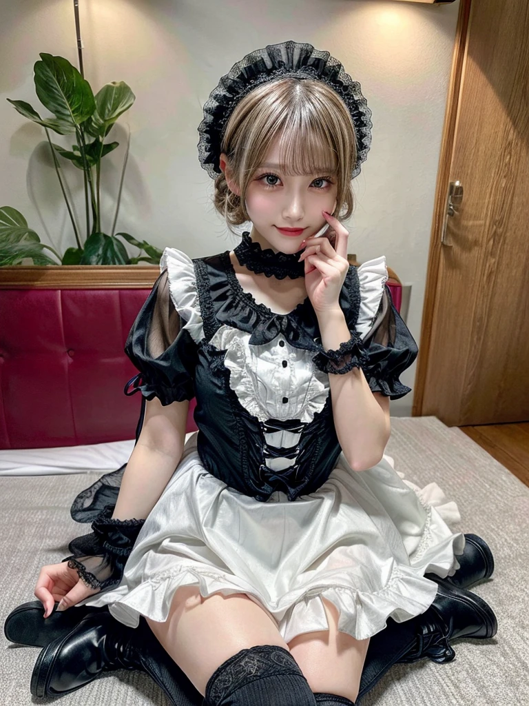 (8K, Photorealistic, Raw photo, of the highest quality: 1.3), (1girl in), Super beautiful, (Realistic face), (boyish, Silver Color Berry Shorthair), Beautiful , Glare that captivates the viewer, Beautiful expression, Beautiful breasts, (Realistic skin), Be...Super high quality, super high definition, super detailed, masterpiece, 20years old, female, cute, perfect face, beautiful, nice body, gothic ta clothes, gothic loliashion, frilly skirt, headdress, necklace, bracelet, knee-high socks, boots, double eyelids, tear bags, Detailed down to the fingers, photo-like description, indoors, dim indoor lighting, blonde hair, short bob, standing sexy posing, whole body, composition that shows the whole body, smiling