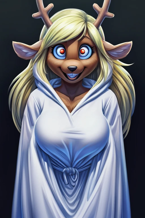 noelle, furry female anthro, deer girl, black eyes, portrait, (crazy eyes, wide-eyed:1.2), (crazy smile:1.2), white robe, hooded robe, solo, (body fur:1.2), (best quality), (dark misty dream background:1.2), big breasts, darkness, (detailed fluffy fur:1.1), looking at viewer,