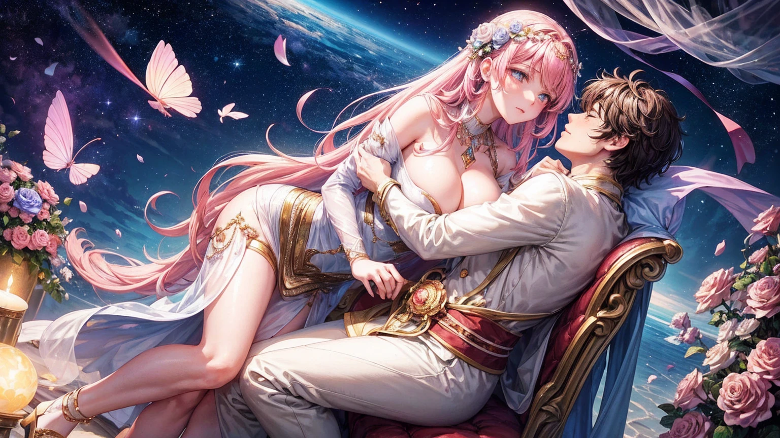 "Yab-Yum": A colossal Roman emperor named Constantine I, encircled by the love of a girl hailing from the Land of the Rising Sun, snuggles up to the head of his statue. They form a contented couple, radiating love that transcends the boundaries of faith and religion. This love, encapsulated within their embrace, is a microcosm of the universe – a galaxy, a clear sky before dawn, and a tranquil garden where time stands still. Their love story unfolds on a marble floor, adorned with colorful ores such as diamonds, morganite, kunzite, rose quartz, and