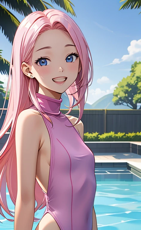 (masterpiece:1.4、top-quality、illustration:1.4,realistic、)、(character focus、breast focus,upper body:1.3)、(1girl),(Open mouth happy grin:1.3),(half closed eyes),cute face,blue eyes、()、
,(stand:1.4),(Shining smile),
,(slender),(turtleneck holder pink swimsuit:1.3),(long pink  hair:1.6,forehead:1.3), (small breasts:1.3)、
、slender、pool,、
