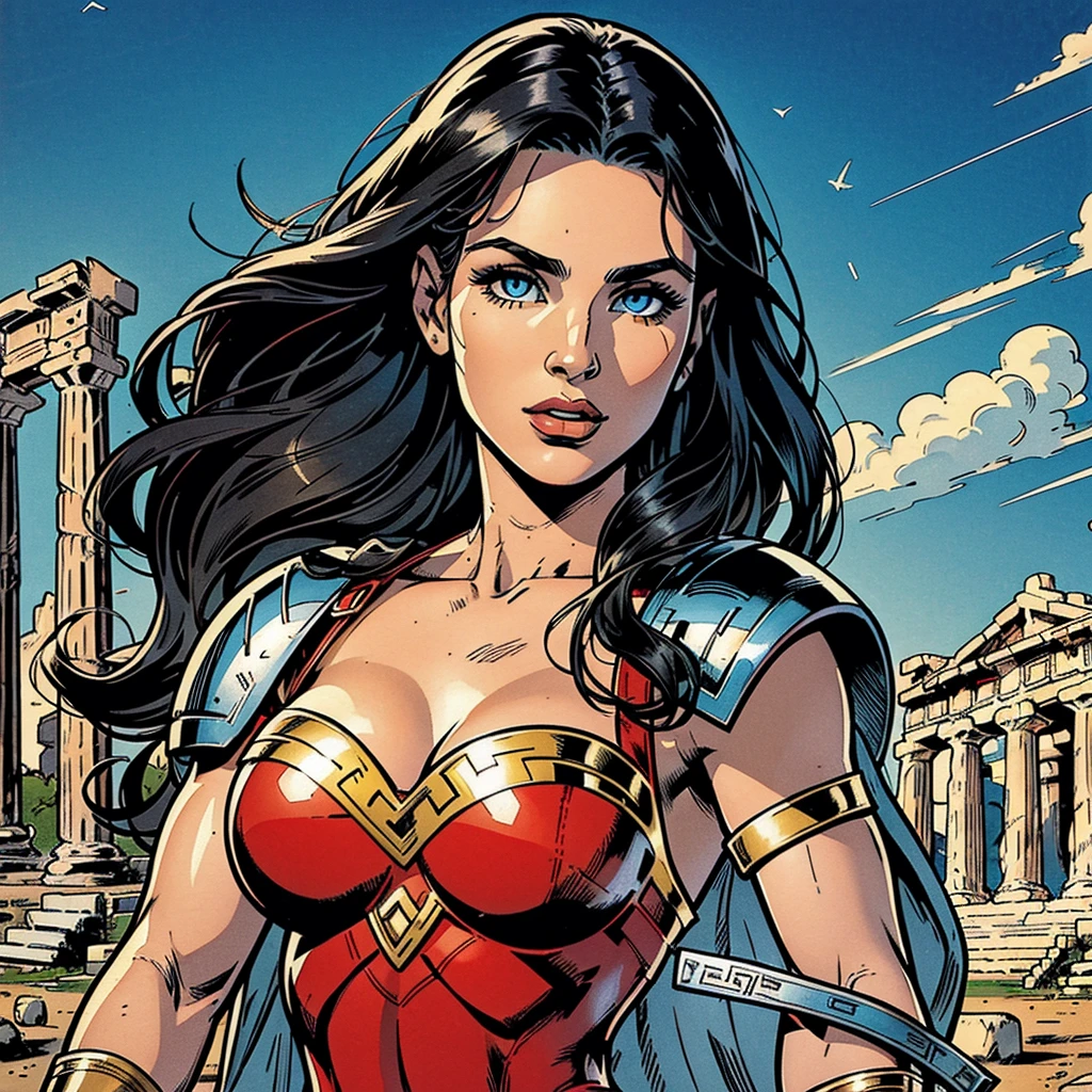 Draw a beautiful white woman, thirty years old, she is wearing a red greek armor, she wears platinum bracelets on her arms, she has a long black hair, she has beautiful eyes, her face is pretty, there is a greek temple behind her, very beutiful, torso view, ultra resolution, 4k, 8k, masterpiece, american comic book style