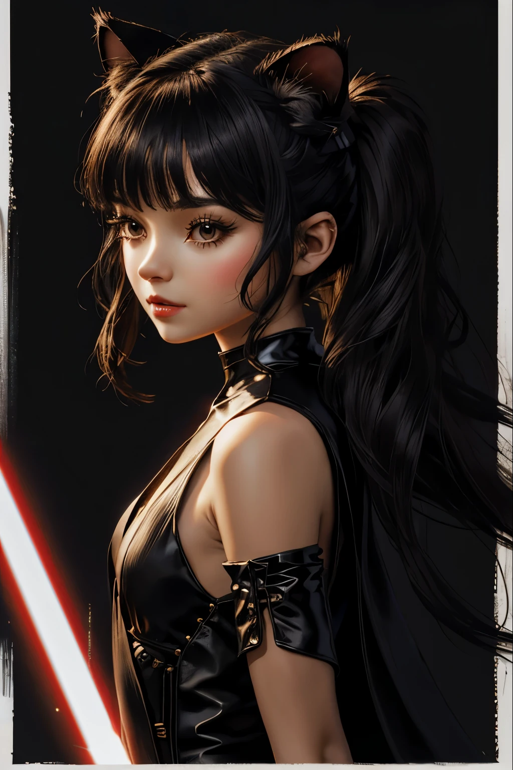 "(best quality,highres),sexy female jedi knight,beautiful detailed (beautiful thin red eyes), long hair slightly wavy slightly past the shoulders, black bangs, small black pigtails on the sides, cute cat ears, long eyelashes light tan robe,holding a 1 lightsaber,portraits,star wars background,vivid colors,studio lighting"