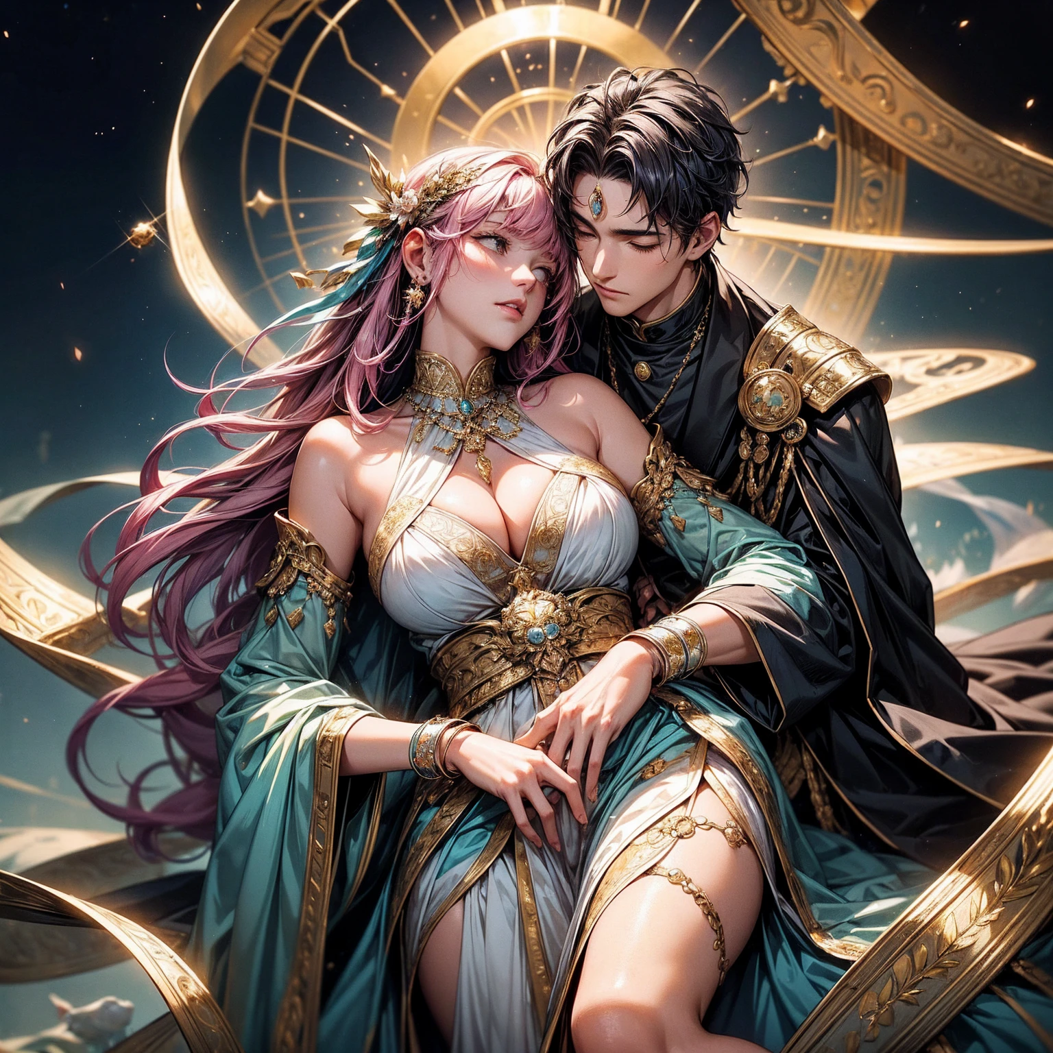 "Yab-Yum": A colossal Roman emperor named Constantine I, encircled by the love of a girl hailing from the Land of the Rising Sun, snuggles up to the head of his statue. They form a contented couple, radiating love that transcends the boundaries of faith and religion. This love, encapsulated within their embrace, is a microcosm of the universe – a galaxy, a clear sky before dawn, and a tranquil garden where time stands still. Their love story unfolds on a marble floor, adorned with colorful ores such as diamonds, morganite, kunzite, rose quartz, and