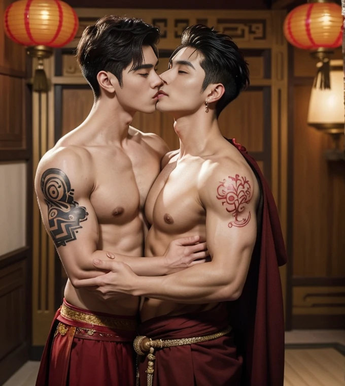 Two handsome boys kissing, smiling at each other,hugging, kissing, touching lips, cuddle, romantic,skin ship, Chinese Men God, Mythology, realistic, Chinese odyssy, super Handsome,manly, kpop idol, handsome korean actor, 20 years old,, detailed face, manly jawline, detailed mess curly styling hair, Topless, Muscles, big breast Athlete body, Full Frame,full body shoots, Sexy, realistic, human skin, tattoo breast, Professional studio Lighting, long red tibet wedding Outfit, jade and golden pendent all over , detailed jewery in dress, earings,Chinese ancient wedding Background,out door, super detailed background,look at camera , open mouth, thin Underneathe Underwear, tibet Warrior, Hanfu red wedding dress, tibet Male, tibet Nobel, Seduce , bare chest , tattoo chest, tattoo arms, tattoo hands, tattoo back, tattoo legs ,