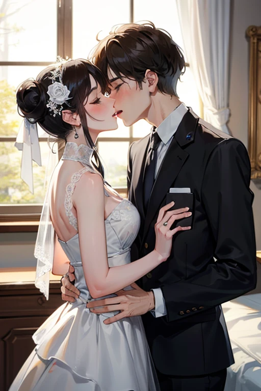 Masterpiece, Best quality, 8K, high detal, Ultra-detailed,A handsome man,Wearing a classic black suit,Paired with a white shirt and a dark tie,The hairstyle is neat and orderly。His facial features are distinct,The expression is focused and gentle,Look at the girl next to you。The girl was dressed in a beautiful red dress,The hairstyle is elegantly coiled,Reveals slender collarbones and delicate ears。She closed her eyes,Slightly open lips,Feel the man's kiss。Their bodies are clinging to each other,Hands gently caressed each other。The entire bedroom is bathed in warm light,The curtains flutter gently,Outside the window is a starry night sky。Observe from the front of the side,The man lowered his head and kissed the girl softly,Their bodies trembled slightly,Feel each other's breathing and heartbeat。The whole picture is full of romance and affection,Let people feel the charm and power of love。
