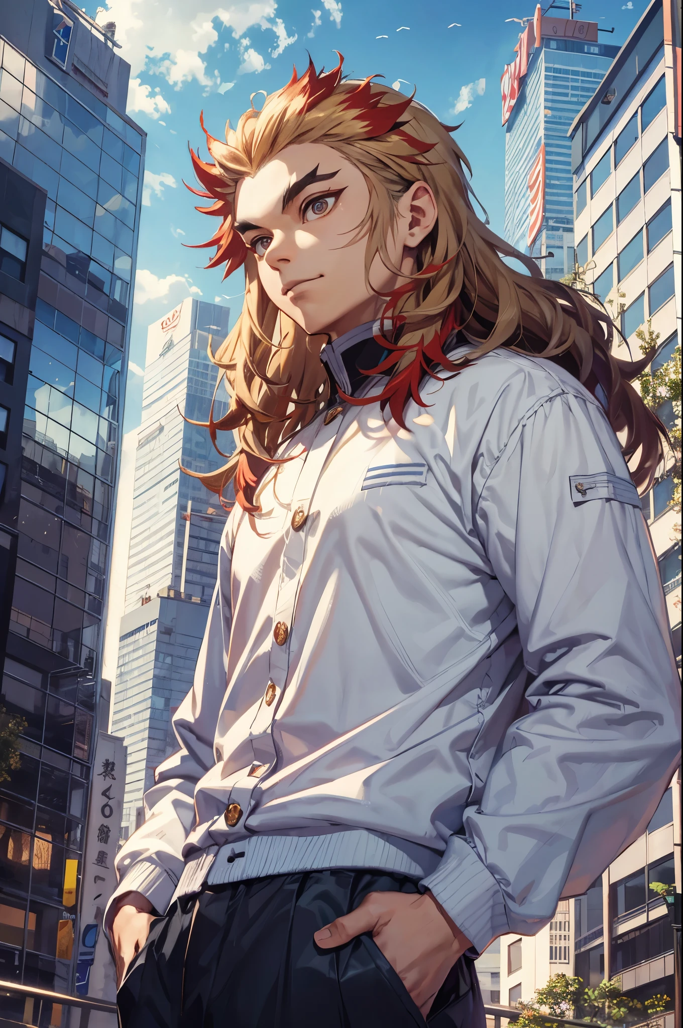 rengoku kyojuro, (absurdres, highres, ultra detailed, HDR), masterpiece, best quality, 1boy, solo, handsome, long hair, forked eyebrow, shirt, jacket, pant, park, city, sunny day, smirk, from below, look down