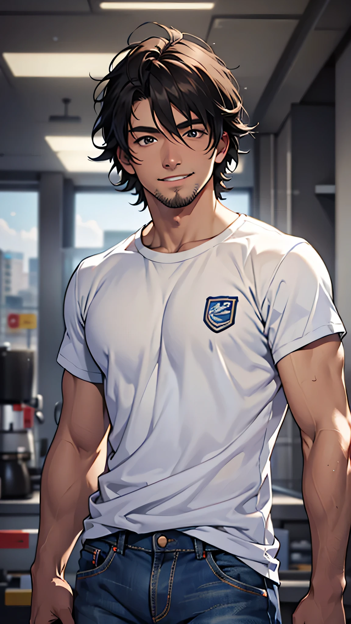 最high quality、Best image quality、masterpiece、male((20-year-old、Stubble,No sleeve、White T-shirt、Blue denim trouseraking coffee、Messy Hair、Muscle chamber、smile)),high quality、Beautiful art、background((one&#39;s home))、Flight、Flying debris、Written boundary depth、movie、Visual Arts、Perfect art、8K,Genuine、