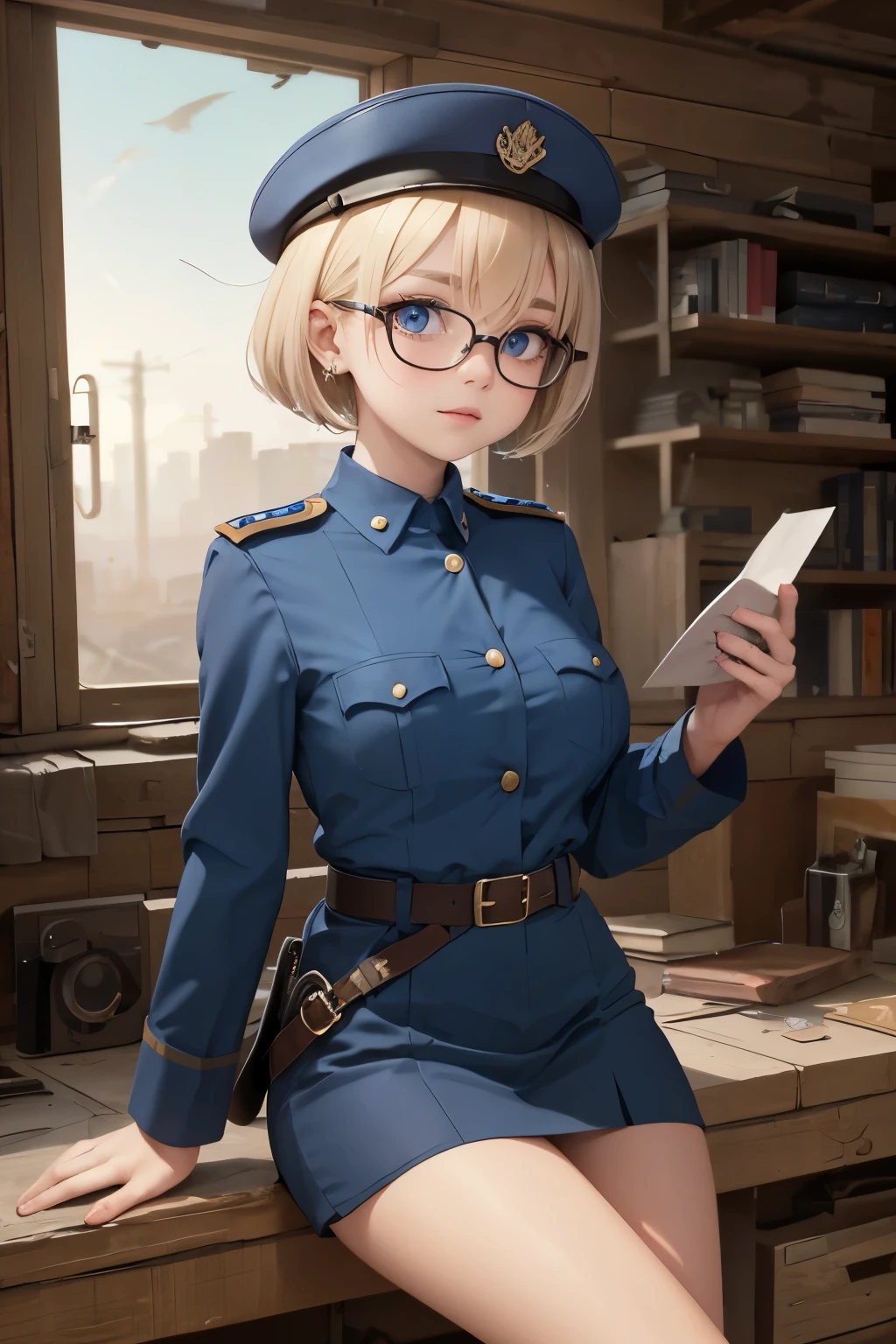 a pretty girl messenger, wearing large glasses, undercut hair, wearing postal uniform, in a post-apocalyptic world