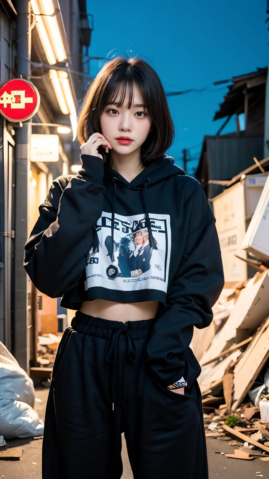 18-year-old,Korean women,Perfect thumbs up,((( in a destroyed city))),(((Frowning,カメラをGlaring))),(Very fine eye), (((Wearing a long black hoodie,Wearing baggy pants))),(((Collapsing Building))),(((old buildings))),((photograph)),((A woman near a garbage dump)),(((Fabric Shading))), (((highest quality))), (((masterpiece))) strong girl, ((((Realistic)))), I have a card,Black Hair, chic hairstyle, ((With bangs,Straight medium bob cut, nice hair)), Light makeup,Red eyes, (((I&#39;m not wearing lipstick))), (nice, strong), (((Strong night atmosphere))), Centered Images, Looking at the camera, Elegant colors,Realistic Skin,Realistic texture,８k,whole body,Pale skin, (((Dirty garbage dump))),A huge amount of trash,Red iris,Expressionless,Glaring,Perfect Face,(((Big eyes))),She is wearing wide black baggy pants,Mouth closed, portrait of aespaのウィンター,She is wearing black streetwear, Woman in black streetwear, 黒いハイテクな服を着た女性のphotograph, Girl wearing black hoodie, Cyberpunk Streetwear, Cyberpunk Streetwear street fashion e-girl,