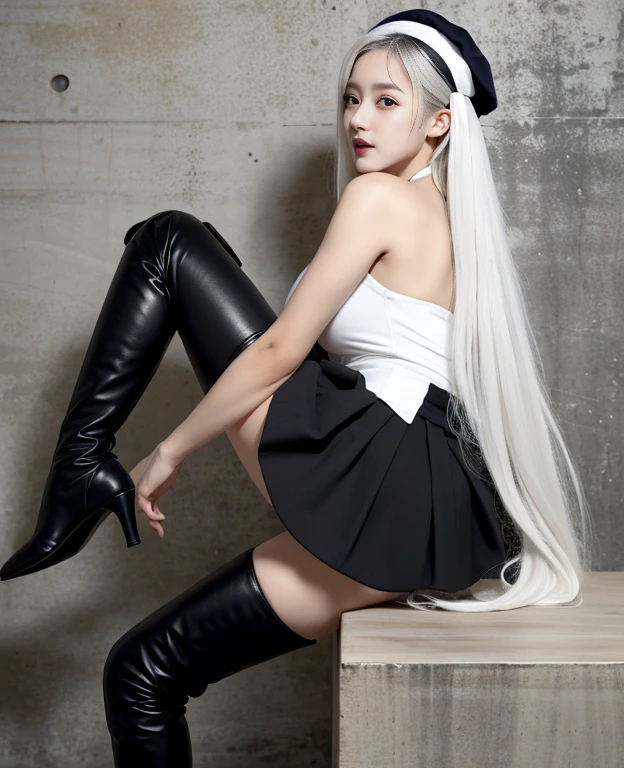 tmasterpiece, Best quality at best, ahoge, Hair over the shoulder, long white hair, blush of nose, Gothic_ta, beret, hand_To_Mouth,thigh boots,Absolute realm,upper legs,thigh boots,full bodyesbian,Correct legs,Short skirt,Nice butt,Beautiful buttocks