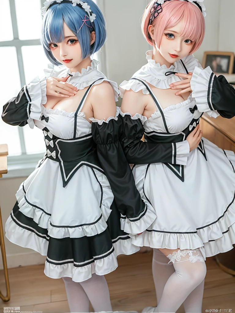 (8K, Photorealistic, Raw photo, of the highest quality: 1.3), (1girl in), Super beautiful, (Realistic face), (boyish, pink Color Berry Shorthair), Beautiful , Glare that captivates the viewer, Beautiful expression, Beautiful breasts, (Realistic skin), Be...Create a detailed and colorful image of Ram and Rem from Re:Zero, standing back-to-back in their maid outfits, with a magical fantasy background、14years old, two girls,cute, perfect face, beautiful, nice body, gothic ta clothes, gothic loliashion, frilly skirt, headdress, necklace, bracelet, knee-high socks, boots, double eyelids, tear bags, Detailed down to the fingers, photo-like description, indoors, dim indoor lighting, one girl is pink hair and short bob, another girl is light blue hair and short bob,standing, sexy posing,whole body, composition that shows the whole body, smiling,The Both of them are wearing the same type of maid outfit,Optimal ratio of 4 fingers and 1 thumb