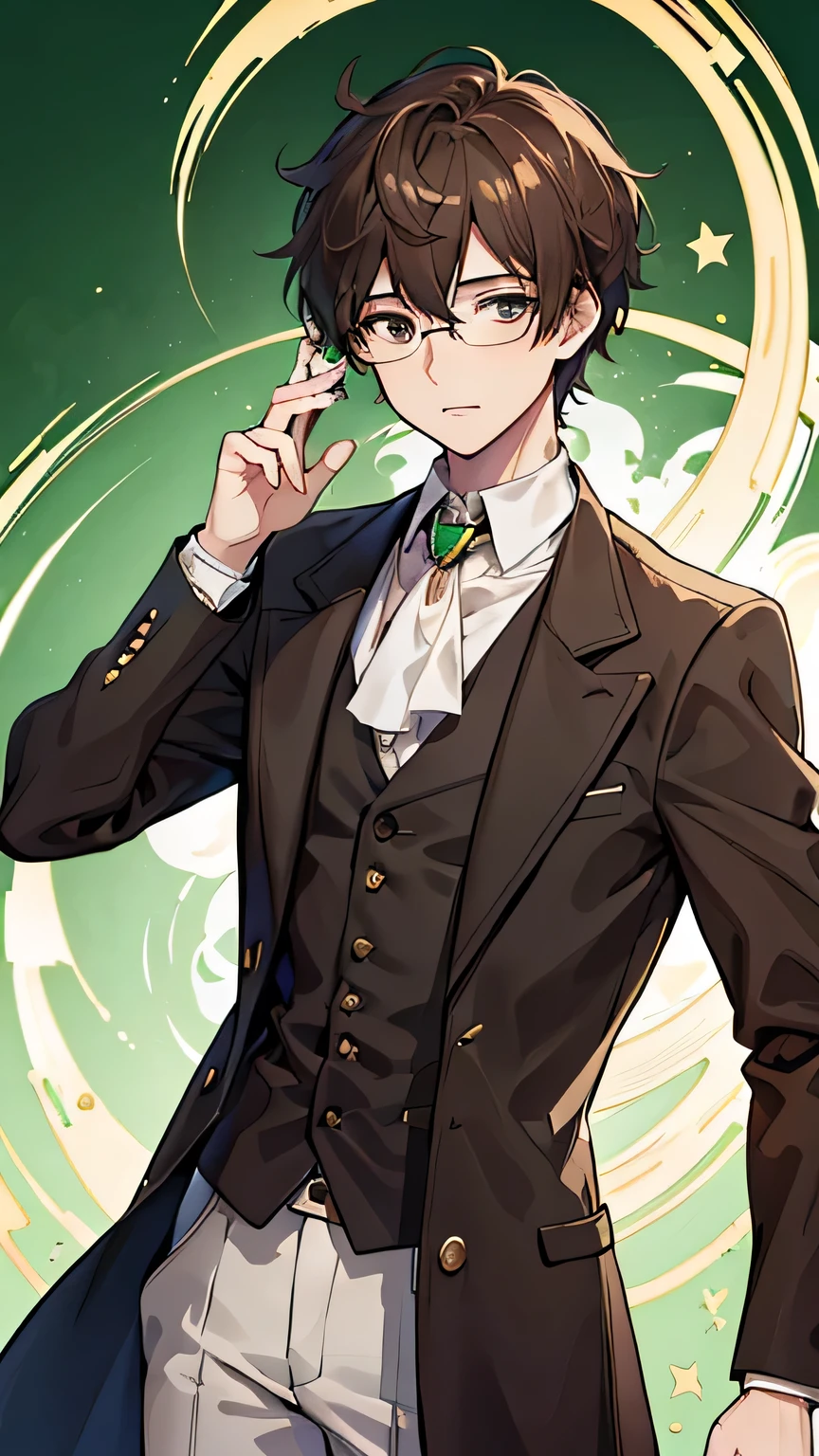 (best quality,4k,8k,highres,masterpiece:1.2，whole body),ultra-detailed,(realistic,photorealistic,photo-realistic:1.37，whole body), 19th century, British man, detective, young, brown hair, brown pupils, brown eyes，wearing a white shirt, a brown overcoat, silk top hat, golden wire-frame glasses, anime art style, green background，whole body，silk top hat，brown pupils, brown eyes