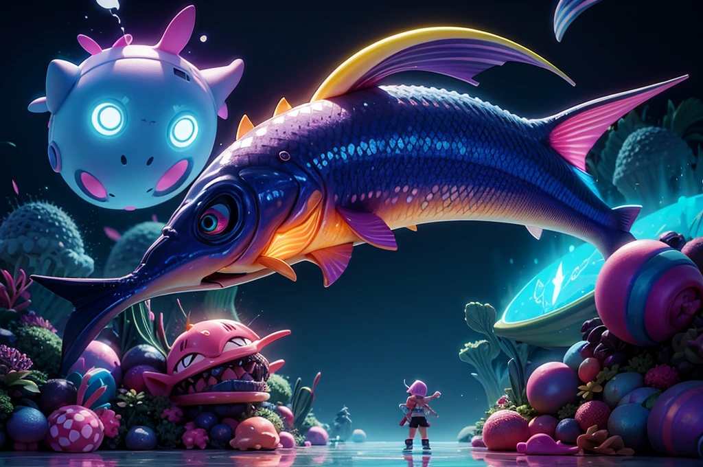 splatoon kids are fighting a giant fish monsters,very fun,using various gadgets,colorful,deepsea stage,beautiful lighting, volumetric lighting, dynamic pose, sharp,