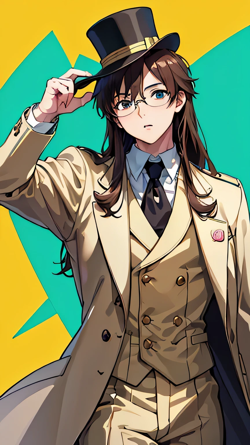 (best quality,4k,8k,highres,masterpiece:1.2，whole body),ultra-detailed,(realistic,photorealistic,photo-realistic:1.37，whole body), 19th century, British man, detective, young, brown hair, brown pupils, wearing a white shirt, a brown overcoat, silk top hat, golden wire-frame glasses, anime art style, green background，whole body，long hair