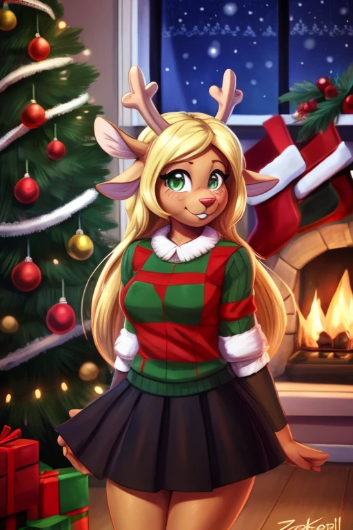 (checkered sweater), black skirt, (buckteeth), noelle, black sleeves, deer girl, blonde hair, antlers, christmas tree, indoors, smile, mouth closed, green eyes, looking at viewer, hands at sides, (by miso souperstar:0.5), by zackary911, by personalami, upper body, 