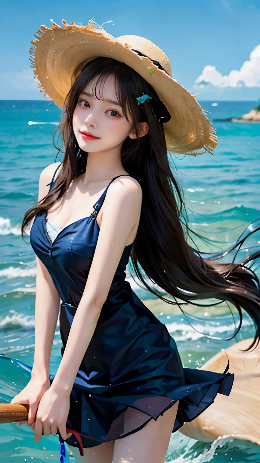 Please draw me some nautical art of a super beautiful girl with black hair and a beautiful straw hat.。Her hair is pitch black、Swaying gently under the straw hat、Fluttering in the sea breeze。Her hair shines brightly in the sunlight、It moves gently like ocean waves.。Her eyes are the color of the deep sea、Behind it lies an infinite radiance。Her smile is as gentle as the ocean waves、Its beauty is like a jewel lying at the bottom of the sea.。her appearance、It is as graceful and beautiful as the ocean waves crashing on the shore.。While minimizing skin exposure、Her straw hat fluttering in the wind、Create art that is one with the deep beauty of the ocean.。