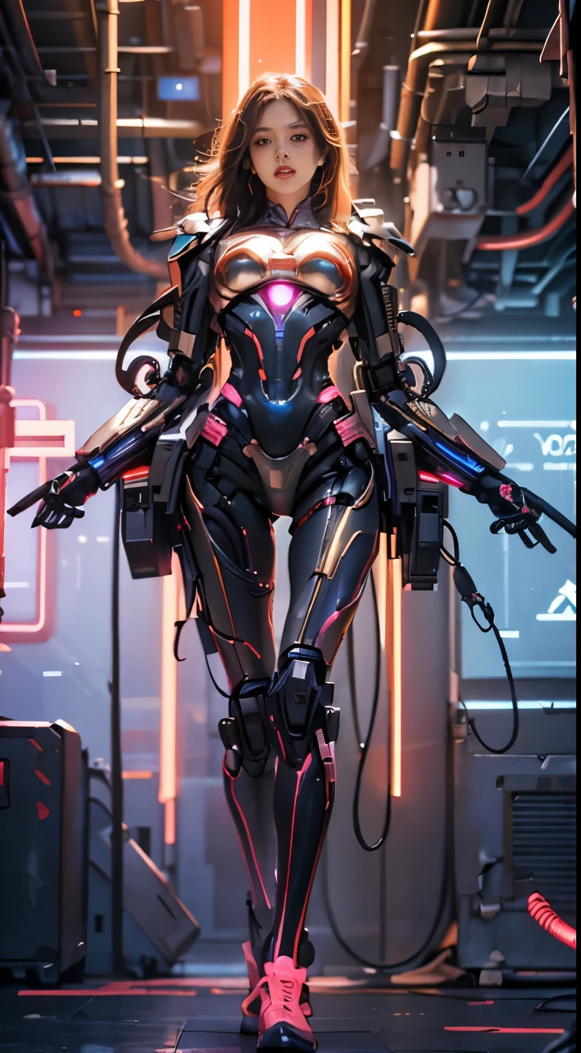 
Virtual image,Realistic 8K images,hips up,Masterpiece,Complete Anatomy,Complete dynamic composition,Light hits the front,Woman 1,alone,ผมยาวสีน้ำตาลgold,robot,Complex machines,Machines of the future world,Machinery with colorful neon lights,There are bright neon lights on the machine.&#39;chest.,Very bright,red machine metallic-white_ Titanium,orange_gold_metal,,,Abstract city background at night
