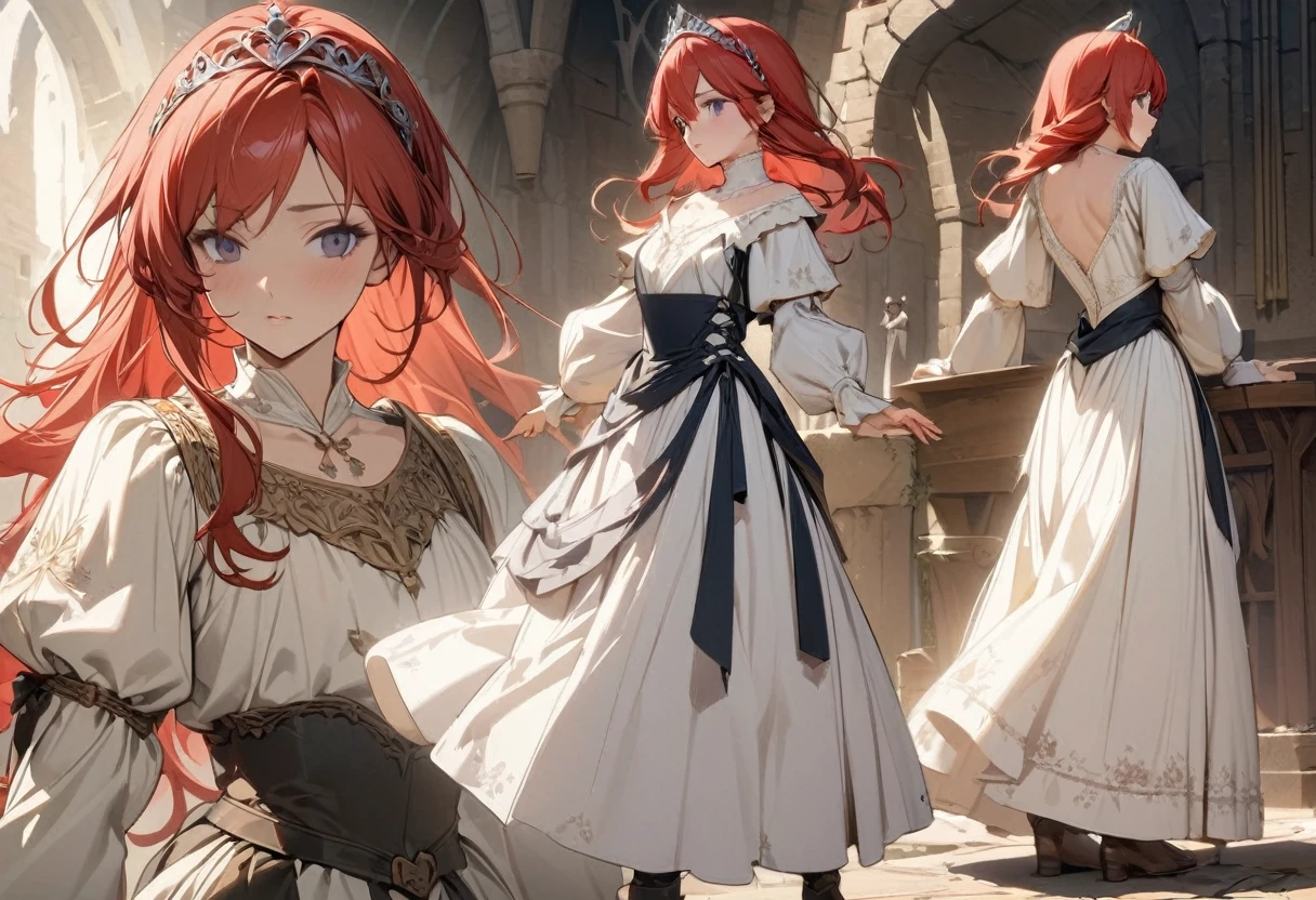 Best image quality, Excellent details, Ultra-high resolution, Best illustrations, Favorite Details, Very condensed one girl, Delicate and beautiful features, Light skin, long red hair, Androgynous,White Skirt, Princess, Medieval dress, tiara, Heel, full body, three views from front, back and side, to many pose