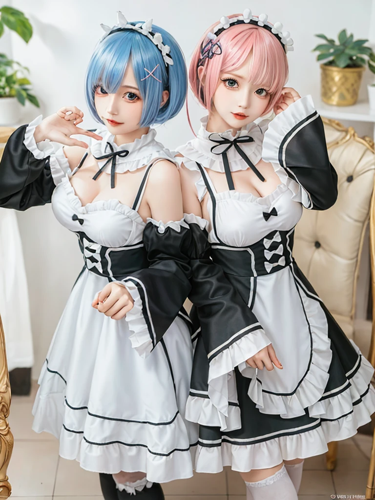 (8K, Photorealistic, Raw photo, of the highest quality: 1.3), (1girl in), Super beautiful, (Realistic face), (boyish, pink Color Berry Shorthair), Beautiful , Glare that captivates the viewer, Beautiful expression, Beautiful breasts, (Realistic skin), Be...Create a detailed and colorful image of Ram and Rem from Re:Zero, standing back-to-back in their maid outfits, with a magical fantasy background、14years old, two girls,cute, perfect face, beautiful, nice body, gothic ta clothes, gothic loliashion, frilly skirt, headdress, necklace, bracelet, knee-high socks, boots, double eyelids, tear bags, Detailed down to the fingers, photo-like description, indoors, dim indoor lighting, one girl is pink hair and short bob, another girl is light blue hair and short bob,standing, sexy posing,whole body, composition that shows the whole body, smiling,The Both of them are wearing the same type of maid outfit,Optimal ratio of 4 fingers and 1 thumb