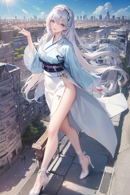 official art, masterpiece, Sharp focus, (Beautiful, gorgeous and cute Korean woman:1.3), (beautiful and cute korean:1.3), Korean beauty, Exquisite and beautiful hair、Eyes and face, Practical, Ultra Detailed, beautiful girl, Blue sky, Glowing white particles, (Side Light:1.2), Sunlight, Baiyun, Detailed clouds, slim, Very cute big  and big butt, Smile with teeth bared, ((Smile with your eyes, Open your eyes)), landscape, Long and straight hair, Sexy facial expressions, architecture, (city View:1.7), Dynamic Hair, very Long and straight hair, Delicate platinum silver hair, Green eyes, Pink skirt, White socks, Pale skin, Hair accessories, epic landscape,White high heels，Nice butt，Beautiful buttocks，Nothing under the skirt