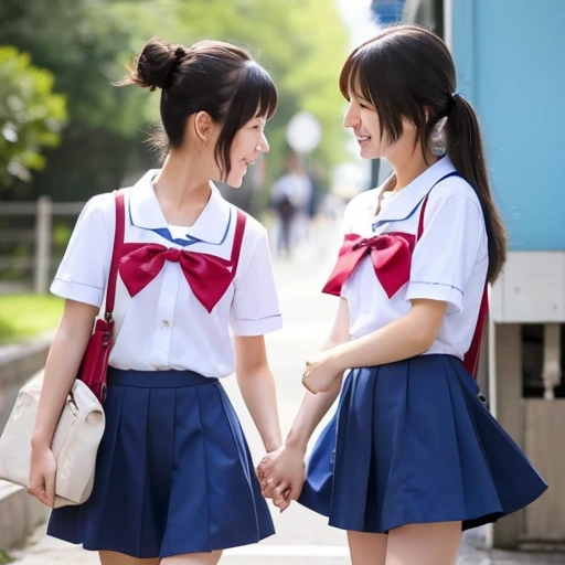 Two Japanese elementary school girls in short sleeves and shorts are kissing