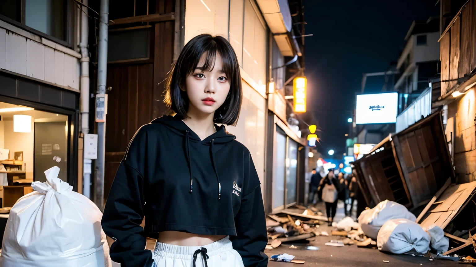 18-year-old,Korean women,(((Slums))),,((( in a destroyed city))),(((Frowning,カメラをGlaring))),(Very fine eye), (((Wearing a long black hoodie,Wearing baggy pants))),(((Collapsing Building))),(((old buildings))),((photograph)),((A woman near a garbage dump)),(((Fabric Shading))), (((highest quality))), (((masterpiece))) strong girl, ((((Realistic)))), I have a card,Black Hair, chic hairstyle, ((With bangs,Straight medium bob cut, nice hair)), Light makeup,Red eyes, (((I&#39;m not wearing lipstick))), (nice, strong), (((Strong night atmosphere))), Centered Images, Looking at the camera, Elegant colors,Realistic Skin,Realistic texture,８k,whole body,Pale skin, (((Dirty garbage dump))),A huge amount of trash,Red iris,Expressionless,Glaring,Perfect Face,(((Big eyes))),She is wearing wide black baggy pants,Mouth closed, portrait of aespaのウィンター,She is wearing black streetwear, Woman in black streetwear, 黒いハイテクな服を着た女性のphotograph, Girl wearing black hoodie, Cyberpunk Streetwear, Cyberpunk Streetwear street fashion e-girl,