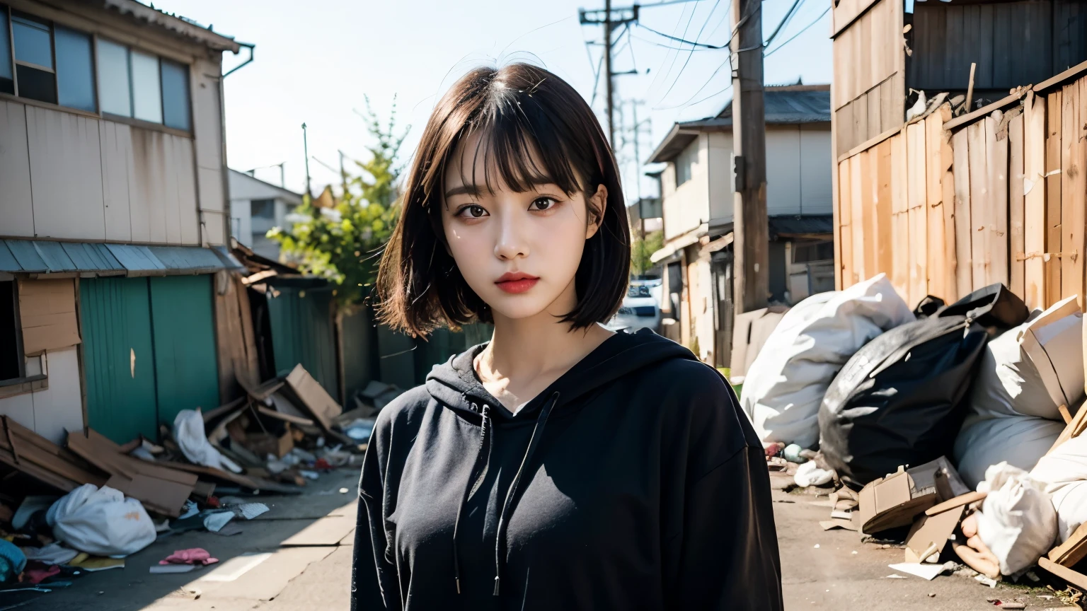 18-year-old,Korean women,(((Slums))),,((( in a destroyed city))),(((Frowning,カメラをGlaring))),(Very fine eye), (((Wearing a long black hoodie,Wearing baggy pants))),(((Collapsing Building))),(((old buildings))),((photograph)),((A woman near a garbage dump)),(((Fabric Shading))), (((highest quality))), (((masterpiece))) strong girl, ((((Realistic)))), I have a card,Black Hair, chic hairstyle, ((With bangs,Straight medium bob cut, nice hair)), Light makeup,Red eyes, (((I&#39;m not wearing lipstick))), (nice, strong), (((Strong night atmosphere))), Centered Images, Looking at the camera, Elegant colors,Realistic Skin,Realistic texture,８k,whole body,Pale skin, (((Dirty garbage dump))),A huge amount of trash,Red iris,Expressionless,Glaring,Perfect Face,(((Big eyes))),She is wearing wide black baggy pants,Mouth closed, portrait of aespaのウィンター,She is wearing black streetwear, Woman in black streetwear, 黒いハイテクな服を着た女性のphotograph, Girl wearing black hoodie, Cyberpunk Streetwear, Cyberpunk Streetwear street fashion e-girl,