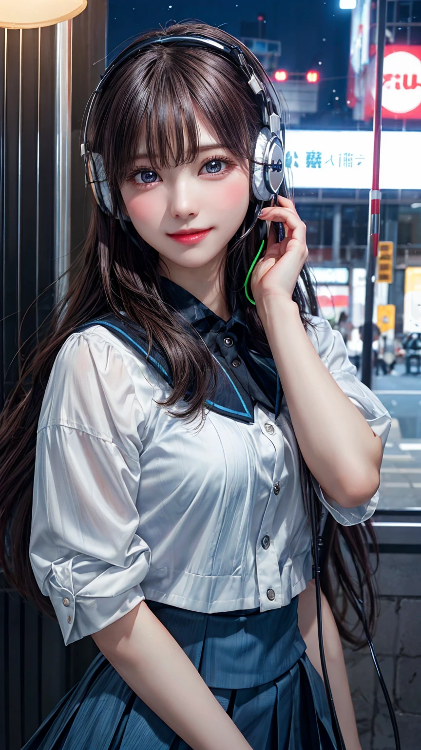 shiroko \(blue archive\),school uniform,skirt,animal ears,halo,blue sky,masterpiece,best quality,ultra-detailed, ray tracing,perfect lighting, cowboy shot,(shiny skin:1.2)[wet with oil:0.3],reflection,