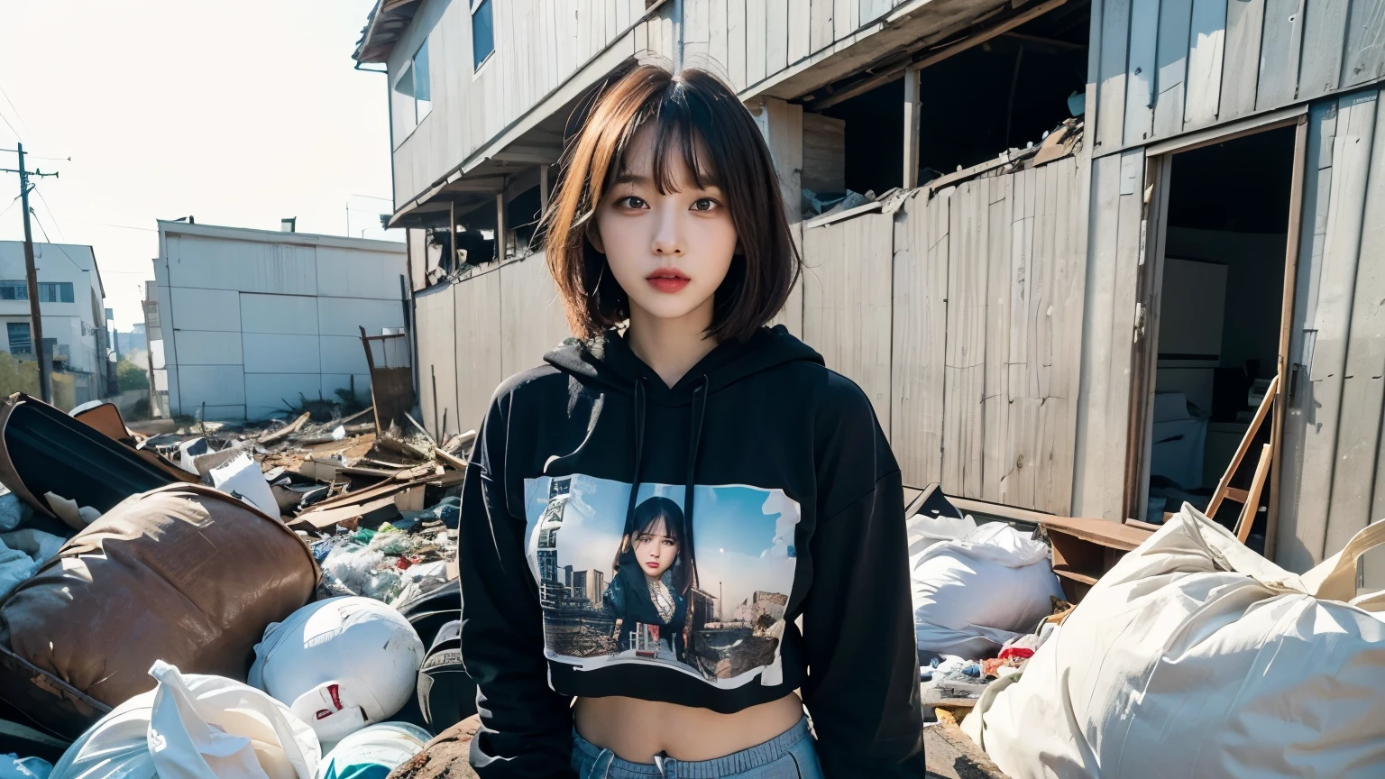 18-year-old,Korean women,(((Slums))),,((( in a destroyed city))),(((Frowning,カメラをGlaring))),((((Rubble pile))),Very fine eye, junk,(((Wearing a long black hoodie,Wearing baggy pants))),(((Collapsing Building))),(((old buildings))),((photograph)),((A woman near a garbage dump)),(((Fabric Shading))), (((highest quality))), (((masterpiece))) strong girl, ((((Realistic)))),,Black Hair, chic hairstyle, ((With bangs,Straight medium bob cut, nice hair)), Light makeup,Red eyes, (((I&#39;m not wearing lipstick))), (nice, strong), (((Strong night atmosphere))), Centered Images, Looking at the camera, Elegant colors,Realistic Skin,Realistic texture,８k,whole body,Pale skin, (((Dirty garbage dump))),A huge amount of trash,Red iris,Expressionless,Glaring,Perfect Face,(((Big eyes))),She is wearing wide black baggy pants,Mouth closed, portrait of aespaのウィンター,She is wearing black streetwear, Woman in black streetwear, 黒いハイテクな服を着た女性のphotograph, Girl wearing black hoodie, Cyberpunk Streetwear, Cyberpunk Streetwear street fashion e-girl,