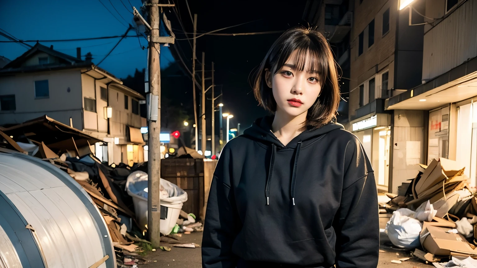 18-year-old,Korean women,(((Slums))),,((( in a destroyed city))),(((Frowning,カメラをGlaring))),((((Rubble pile))),Very fine eye, junk,(((Wearing a long black hoodie,Wearing baggy pants))),(((Collapsing Building))),(((old buildings))),((photograph)),((A woman near a garbage dump)),(((Fabric Shading))), (((highest quality))), (((masterpiece))) strong girl, ((((Realistic)))),,Black Hair, chic hairstyle, ((With bangs,Straight medium bob cut, nice hair)), Light makeup,Red eyes, (((I&#39;m not wearing lipstick))), (nice, strong), (((Strong night atmosphere))), Centered Images, Looking at the camera, Elegant colors,Realistic Skin,Realistic texture,８k,whole body,Pale skin, (((Dirty garbage dump))),A huge amount of trash,Red iris,Expressionless,Glaring,Perfect Face,(((Big eyes))),She is wearing wide black baggy pants,Mouth closed, portrait of aespaのウィンター,She is wearing black streetwear, Woman in black streetwear, 黒いハイテクな服を着た女性のphotograph, Girl wearing black hoodie, Cyberpunk Streetwear, Cyberpunk Streetwear street fashion e-girl,