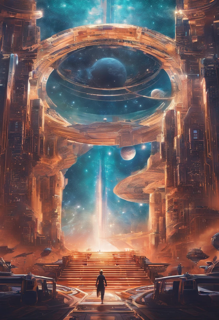 castelo de cartas humano, with a background of outer space