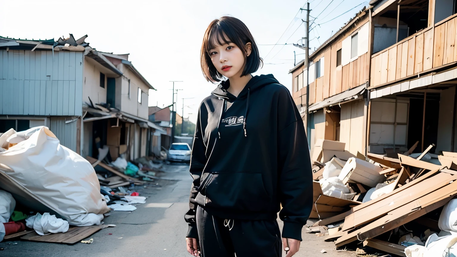 18-year-old,Korean women,(((Slums))),,((( in a destroyed city))),(((Frowning,カメラをGlaring))),((((Rubble pile))),Very fine eye, junk,(((Wearing a long black hoodie,Wearing baggy pants))),(((Collapsing Building))),(((old buildings))),((photograph)),((A woman near a garbage dump)),(((Fabric Shading))), (((highest quality))), (((masterpiece))) strong girl, ((((Realistic)))),,Black Hair, chic hairstyle, ((With bangs,Straight medium bob cut, nice hair)), Light makeup,Red eyes, (((I&#39;m not wearing lipstick))), (nice, strong), (((Strong night atmosphere))), Centered Images, Looking at the camera, Elegant colors,Realistic Skin,Realistic texture,８k,whole body,Pale skin, (((Dirty garbage dump))),A huge amount of trash,Red iris,Expressionless,Glaring,Perfect Face,(((Big eyes))),She is wearing wide black baggy pants,Mouth closed, portrait of aespaのウィンター,She is wearing black streetwear, Woman in black streetwear, 黒いハイテクな服を着た女性のphotograph, Girl wearing black hoodie, Cyberpunk Streetwear, Cyberpunk Streetwear street fashion e-girl,