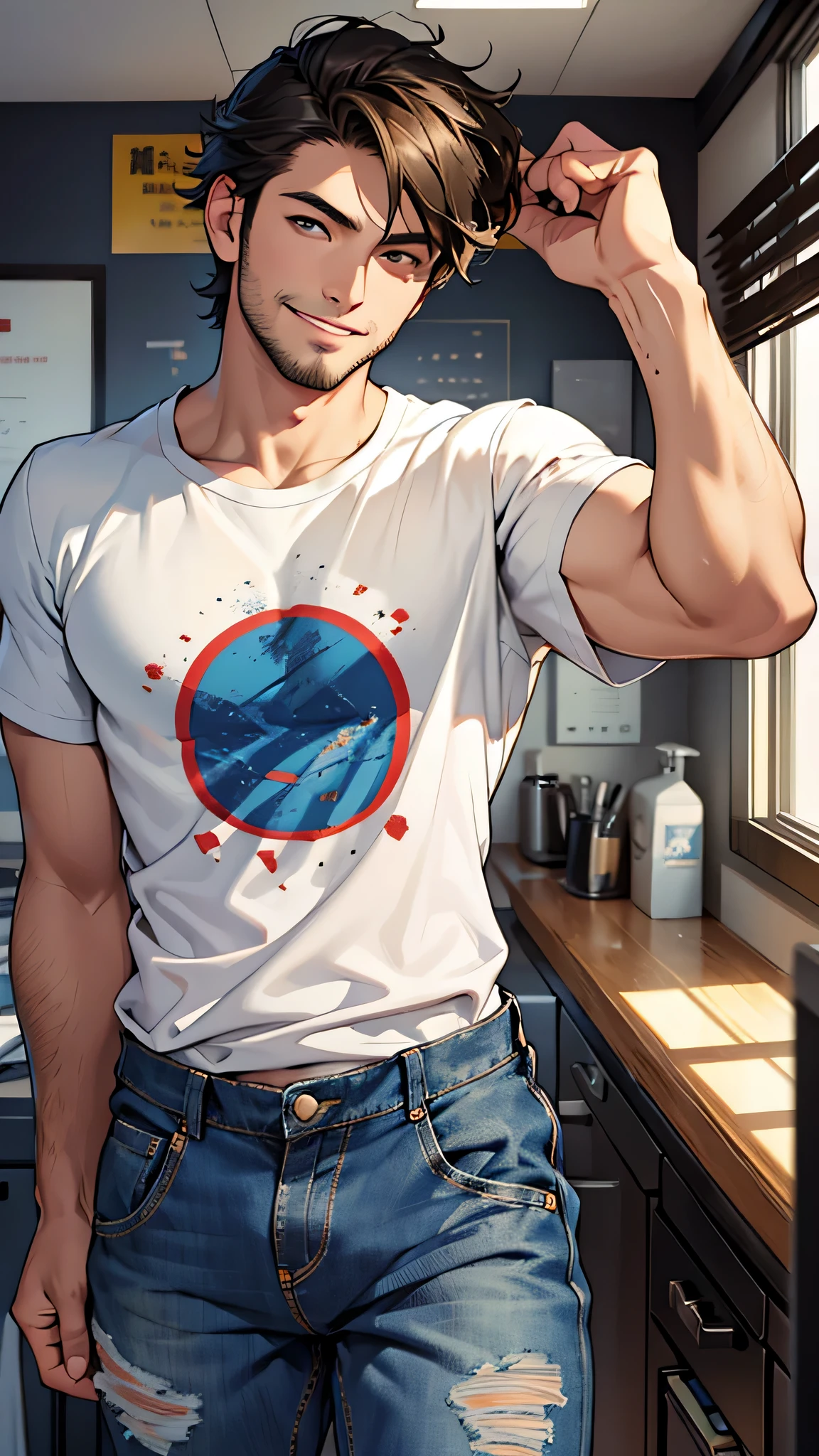 最high quality、Best image quality、masterpiece、male((20-year-old、Stubble,No sleeve、White T-shirt、Blue denim trouseraking coffee、Messy Hair、Muscle chamber、smile、stretch)),high quality、Beautiful art、background((one's home))、Flight、Flying debris、Written boundary depth、movie、Visual Arts、Perfect art、8K,Genuine、