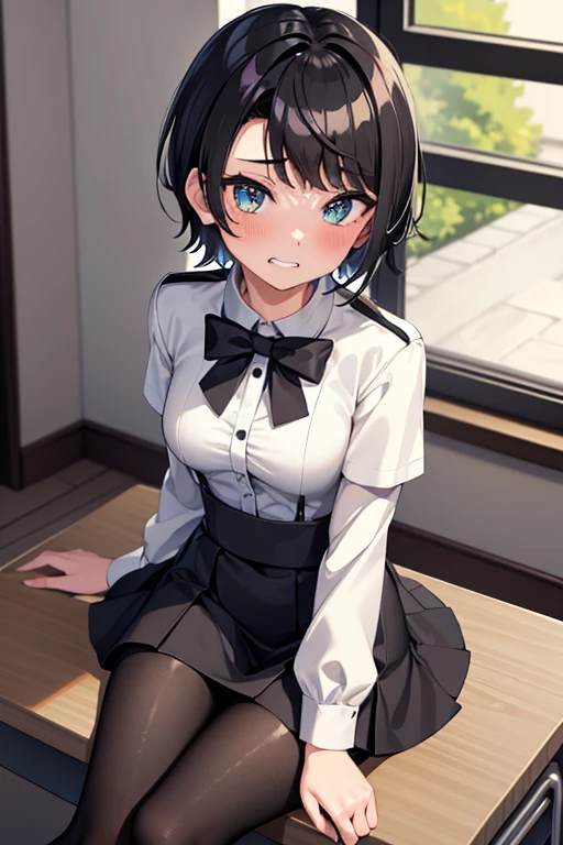 high quality, best quality, masterpiece, absurdres, uniform, 1girl, solo, classroom, sitting on desk, black pantyhose, short hair, black hair, gradient eyes, with sparkling eyes, shiny skin, mini skirt,aroused, clenched teeth, blush, steam, shy,