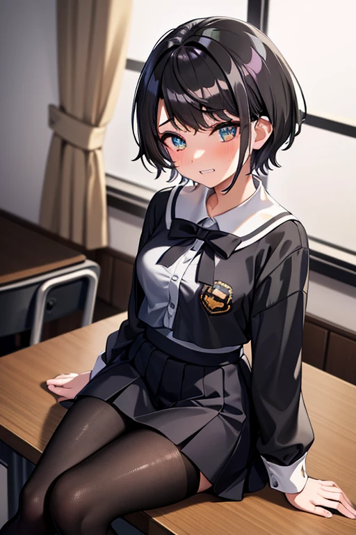 high quality, best quality, masterpiece, absurdres, uniform, 1girl, solo, classroom, sitting on desk, black pantyhose, short hair, black hair, gradient eyes, with sparkling eyes, shiny skin, mini skirt,aroused, clenched teeth, blush, steam, shy,