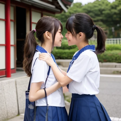 Two Japanese elementary school girls in short sleeves and shorts are kissing