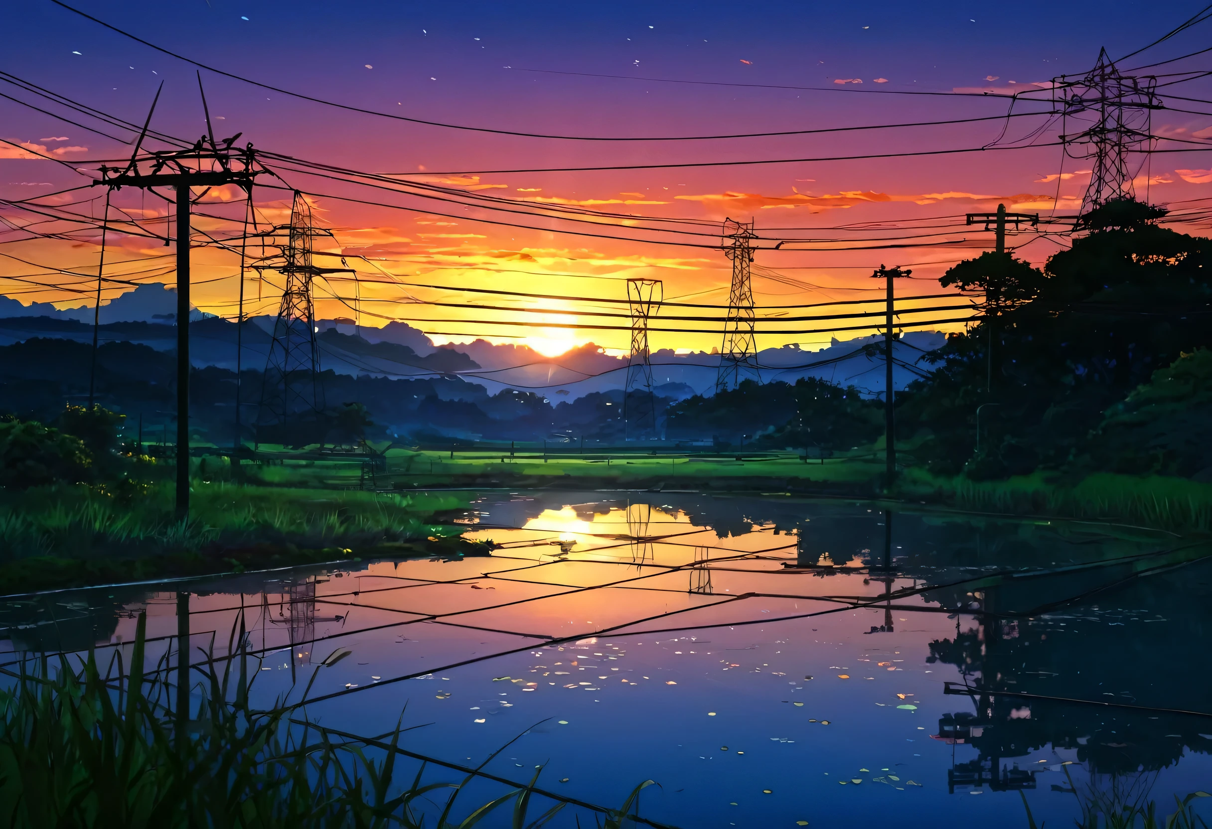 Anime Scenery of a sunset with a pond and power lines, Digital painting by Shitao, tumbler, Conceptual Art, beautiful Anime Scenery, Anime countryside landscape, Anime scenery wallpaper, Beautiful anime scene, Beautiful peaceful scene in anime, Anime Scenery, Anime scenery, Anime Background art, Anime Background, Landscape painting, anime nature wallpapers, Colorful anime movie background, Night view