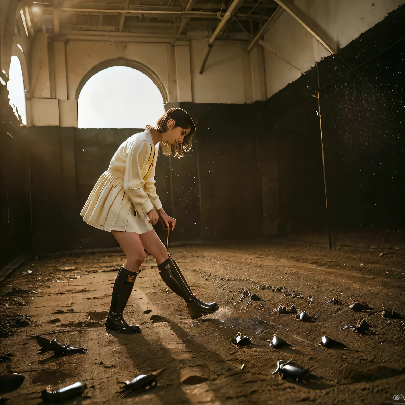 (High-quality depiction+Detailed Description)、(Knee-length Rubber riding boots+Rubber+get dirty)、(Trampling+Small cockroaches1匹)、(There are a lot of small cockroaches on the floor+Mass scattering)、(A lot of cockroach remains,+Yellowed liquid+Bathed in body fluids)、(Beautiful girl standing and chasing+blonde+Glare)、(Trampling+Small cockroaches)(Chasing cockroaches)